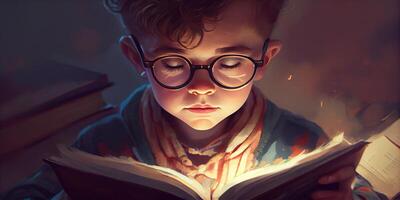 illustration of intelligent cute boy in glasses reading a book, volumn light photo