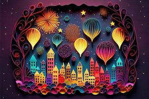 illustration of Photo paper cut quilling multidimensional paper cut, craft paper illustration, fireworks and beautiful city in new year eve, national day with colored lights, pop color.