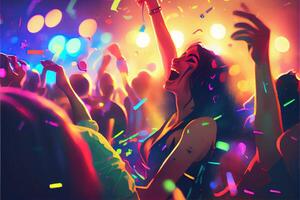 illustration of New Year's Eve party background, pop color, group of people dancing and joyful, countdown, neural network generated art. Digitally painting, generated image. photo