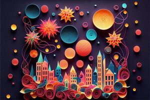 illustration of Photo paper cut quilling multidimensional paper cut, craft paper illustration, fireworks and beautiful city in new year eve, national day with colored lights, pop color.