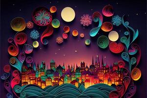 illustration of Photo paper cut quilling multidimensional paper cut, craft paper illustration, fireworks and beautiful city in new year eve, national day with colored lights, pop color.