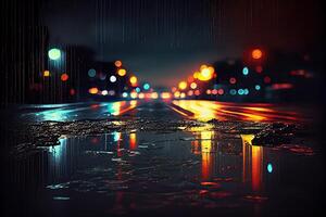 illustration of a light effect, blurred background. Wet asphalt, night view of the city, neon reflections on the concrete floor. Dark abstract background, dark empty street photo