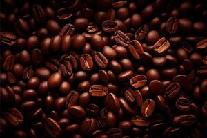 illustration of Roasted Coffee Beans Closeup On Dark Background, blurred background photo