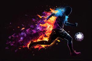 illustration of the essence of a soccer player in motion as they kick a ball with intense energy, surrounded by vibrant colors and splashes photo