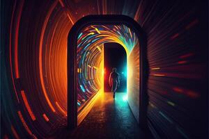 illustration of traveling through the door of the future with the speed of light photo