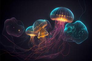 illustration of Glowing sea jellyfishes on dark background, light, magic, sea photo