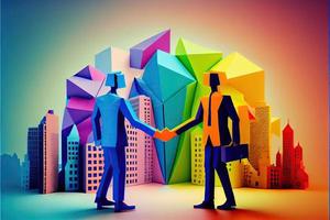 Business man in the city background, colorful. Business handshaking, successful concept. Paper cut craft, 3d paper illustration style. Neural network generated art. photo