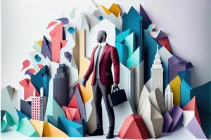 Business man in the city background, colorful. Business handshaking, successful concept. Paper cut craft, 3d paper illustration style. Neural network generated art. photo