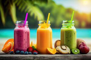 Generative AI illustration of smoothies and juices made from a variety of fresh fruits from the tropics. Clean eating, a healthy diet, and vitamin infused beverages are concepts, blurred background photo