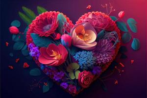 valentines day background, love heart shape make by rose, cherry blossom, daisy flowers... . Neural network generated art. Digitally generated image. Not based on any actual scene or pattern. photo