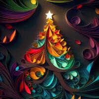 illustration of photo paper cut quilling multidimensional paper cut, craft paper illustration, christmas tree and colored lights vine stars, pop color. Neural network generated art.