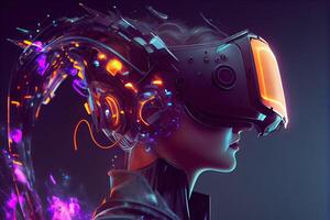 illustration of Metaverse concept and virtual world elements. Side view of human face in augmented or virtual reality headset inside the metaverse photo