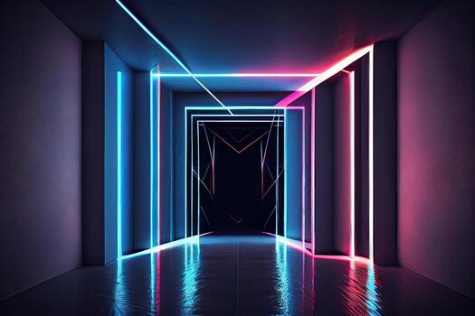 illustration of an abstract dark neon geometric background, set inside a dark and empty room with glowing laser lines on the walls, a wet concrete floor, with neon light reflections photo