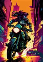 illustration of a high-speed motorcycle chase through a neon-lit city, in a gritty comic book style photo