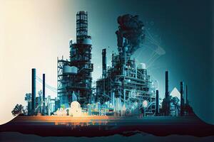 illustration of a double exposure artwork, an oil, gas, and petrochemical refinery facility demonstrates the future of electricity and the engineer photo