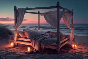 illustration of a romantic evening by the sea, featuring a cozy wooden bed adorned with candles and greetings, all illuminated by the warm glow of a beautiful sunset photo