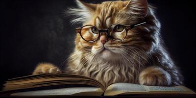 illustration of Intelligent serious cat in glasses reading a book, volumn light photo