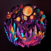 illustration of Photo paper cut quilling multidimensional paper cut, craft paper illustration, fireworks and beautiful city in new year eve, national day with colored lights, pop color.