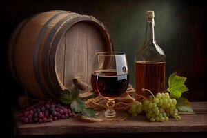 illustration of wine with wooden barrel, hay and grape photo