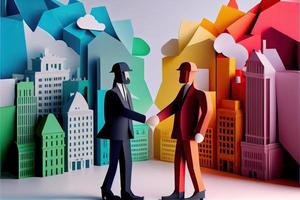 Business man in the city background, colorful. Business handshaking, successful concept. Paper cut craft, 3d paper illustration style. Neural network generated art. photo