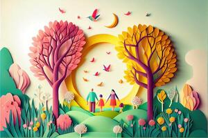 illustration of origami spring background, joyful elderly, happy family with parent, colorful. Paper cut craft, 3d paper illustration style, pop color. Neural network generated art. photo