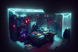 illustration of messy and dark cyberpunk hacker hideout room with lights photo