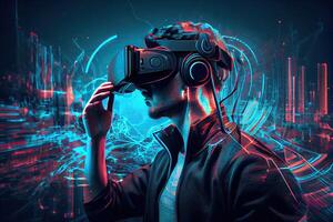 generativo ai ilustración de hombre con virtual realidad vr mirada sorprendida jugando Arkansas aumentado realidad juego y entretenimiento, futurista metaverso Gamefi nft juego ideas foto