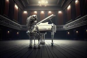 generativo ai ilustración de robot jugando el piano en un grandioso concierto salón foto