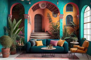 illustration of the beauty and richness of a traditional Mexican living room and patio, with bright colors on the walls, cacti, tropical leaves, lanterns, majestic arches, and stairs photo