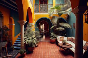 illustration of the beauty and richness of a traditional Mexican living room and patio, with bright colors on the walls, cacti, tropical leaves, lanterns, majestic arches, and stairs photo