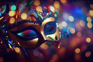 illustration of the vibrant energy and excitement of Brazilian Carnival, Venetian Carnival mask and confetti with abstract defocused bokeh lights and shiny streamers photo