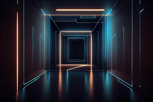 illustration of an abstract dark neon geometric background, set inside a dark and empty room with glowing laser lines on the walls, a wet concrete floor, with neon light reflections photo
