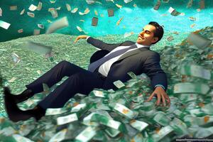 illustration of businessman swimming in the very large pile of money photo