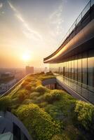 illustration of Gorgeous garden on the rooftop of a contemporary glass office building in Asia photo