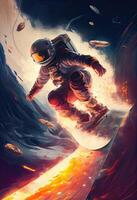 illustration of a space explorer riding a rocket-powered surfboard through an asteroid field, in a digital art style with a galactic color palette photo