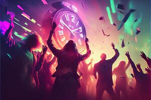 illustration of New Year's Eve party background, pop color, group of people dancing and joyful, countdown, neural network generated art. Digitally painting, generated image. photo