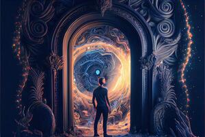 illustration of man in front of portals to fantasy dimensions that radiate power and energy, dramatic, saturated, high contrast, powerful, glowing edges. game and dream concept. photo
