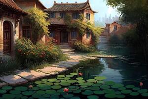 illustration of the lake is surrounded by green water plants, colorful green flowers, sparkling on the lake, traditional chinese house,cobblestone path,beautiful sunshine photo