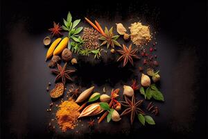 illustration of wide variety spices and herbs on background of black table, with empty space photo