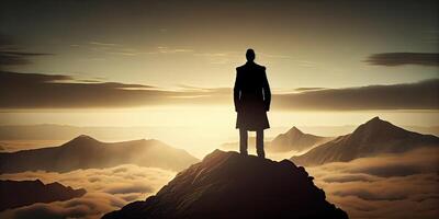 illustration of a lonely business man on top of the mountain photo