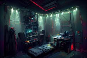 illustration of messy and dark cyberpunk hacker hideout room with lights photo