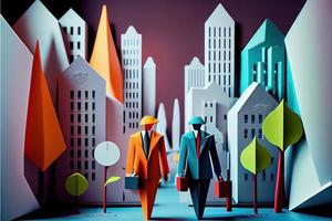 Business man in the city background, colorful. Business handshaking, successful concept. Paper cut craft, 3d paper illustration style. Neural network generated art. photo