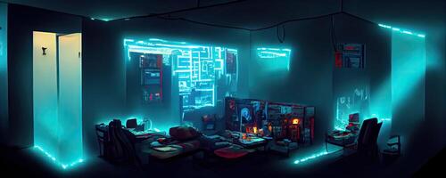 illustration of messy and dark cyberpunk hacker hideout room with lights photo