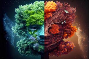 illustration of the four temporal seasons in one face, one frame, one tree. Nature concept. Digitally generated image photo