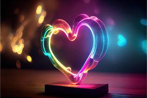 illustration of love heart neon light, decor, bright light, romantic. Love and valentine day concept. Neural network generated art. Digitally generated image. photo