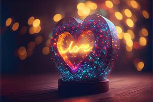 illustration of love heart neon light, decor, bright light, romantic. Love and valentine day concept. Neural network generated art. Digitally generated image. photo