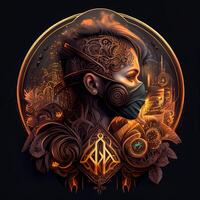 illustration of cyberpunk Zodiac sign with a industrial smoke, mechanic detail on shoulders, pollution, centered inside intricate gold and fire circle of city and Skyscrapers, steam punk photo