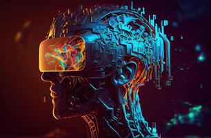 illustration of Metaverse concept and virtual world elements. Side view of human face in augmented or virtual reality headset inside the metaverse photo