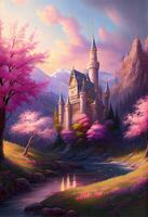 illustration of magical land of enchanted forests, castle, sparkling waterfalls and lush meadows, lake and fairy tail photo