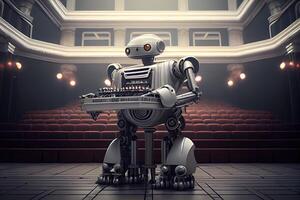 illustration of robot playing the piano in a grand concert hall photo